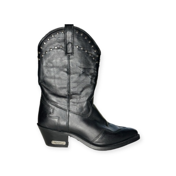 Harley Davidson Western Vintage Silver Studded Black Leather Cowgirl Boots - Picture 2 of 15